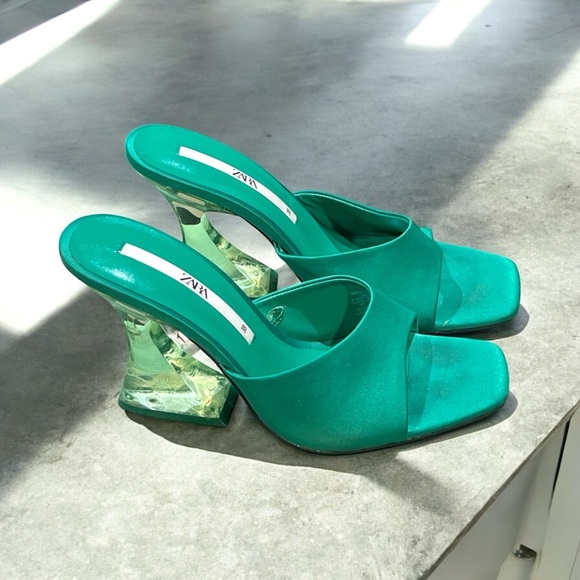 Zara Shoes - Zara Emerald Satin Heels with Transparent Block